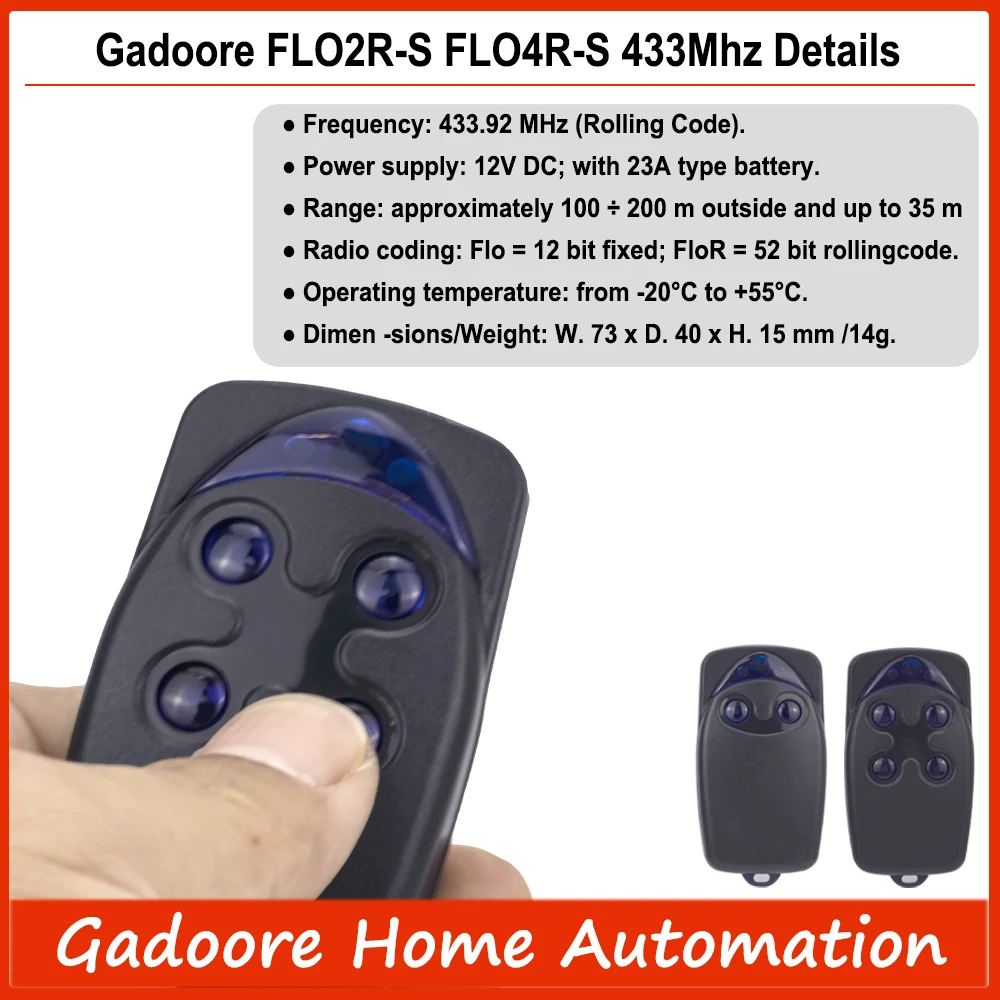 Gadoore  FLO2R-S FL04R-S Código de rol de 433 MHz Control remoto para puerta de garaje FLO2R-S FL04R-S  Nice FLOR-S FLO2R-S FLO4R-S Control remoto de puerta compatible NICE ON1 ON2 ON4 ON1E, ON2E ON4E, FLO1R-S FLO2R-S
