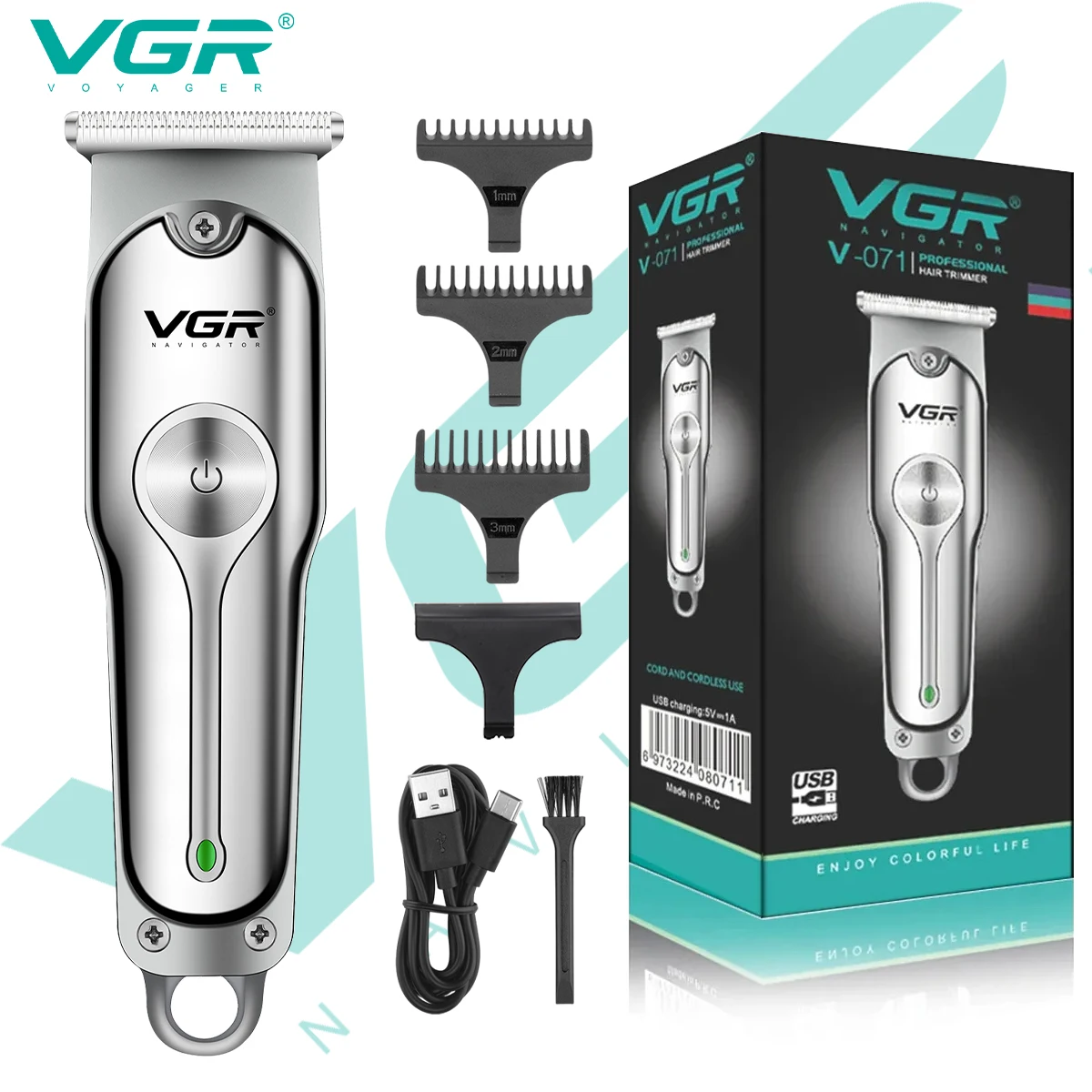 Vgr 071 aparador de cabelo profissional máquina de cortar cabelo recarregável t-lâmina sem fio portátil aparador para homem