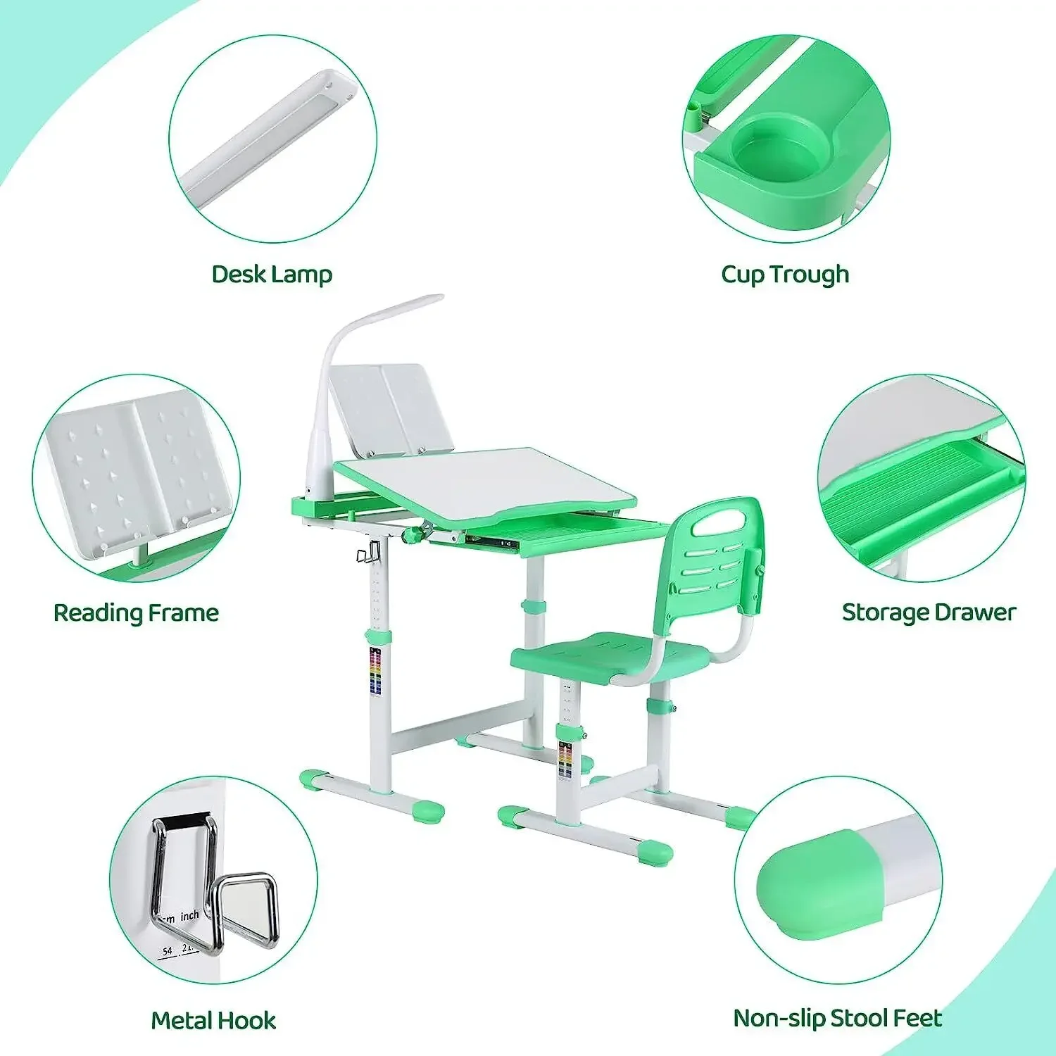 Scrivania per bambini, tavolo ergonomico e set scongelatore, con cassetto, supporto da lettura, lampada LED dimmerabile, regolabile in altezza