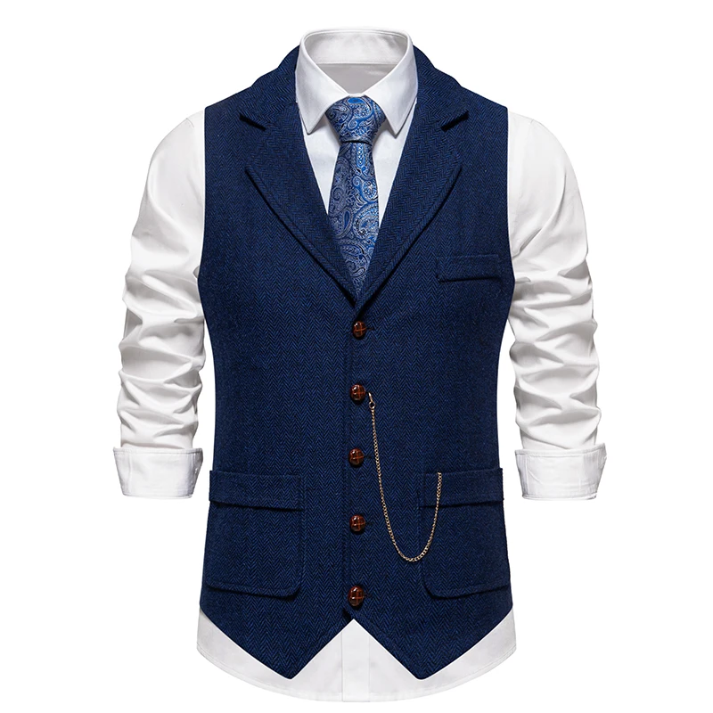Herren Retro Revers Kette Weste Mode Fischgräten Grob Tweed Taschen Anzug Weste Britischen Casual Vintage Gentleman Freizeit Party