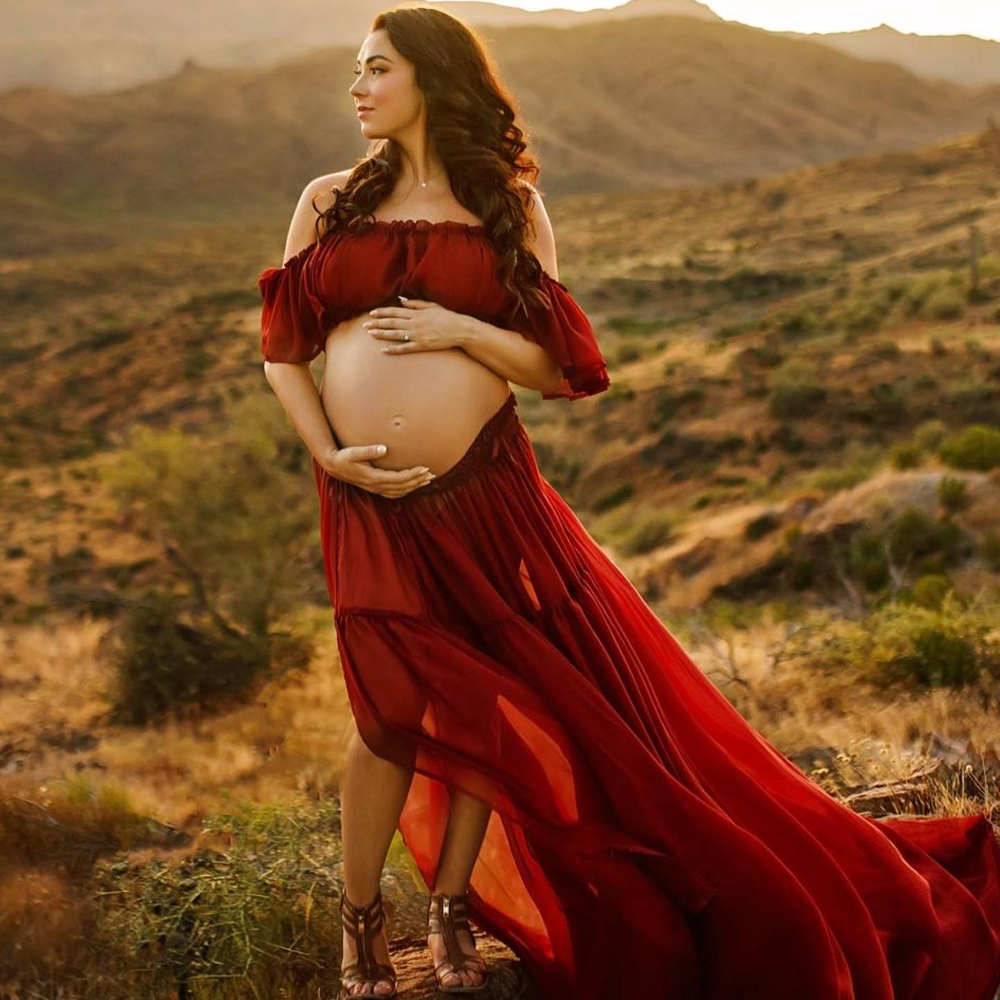 Vestido de maternidad de gasa de Color liso con hombros descubiertos, vestido elástico sin tirantes de manga corta adecuado para fotografía femenina