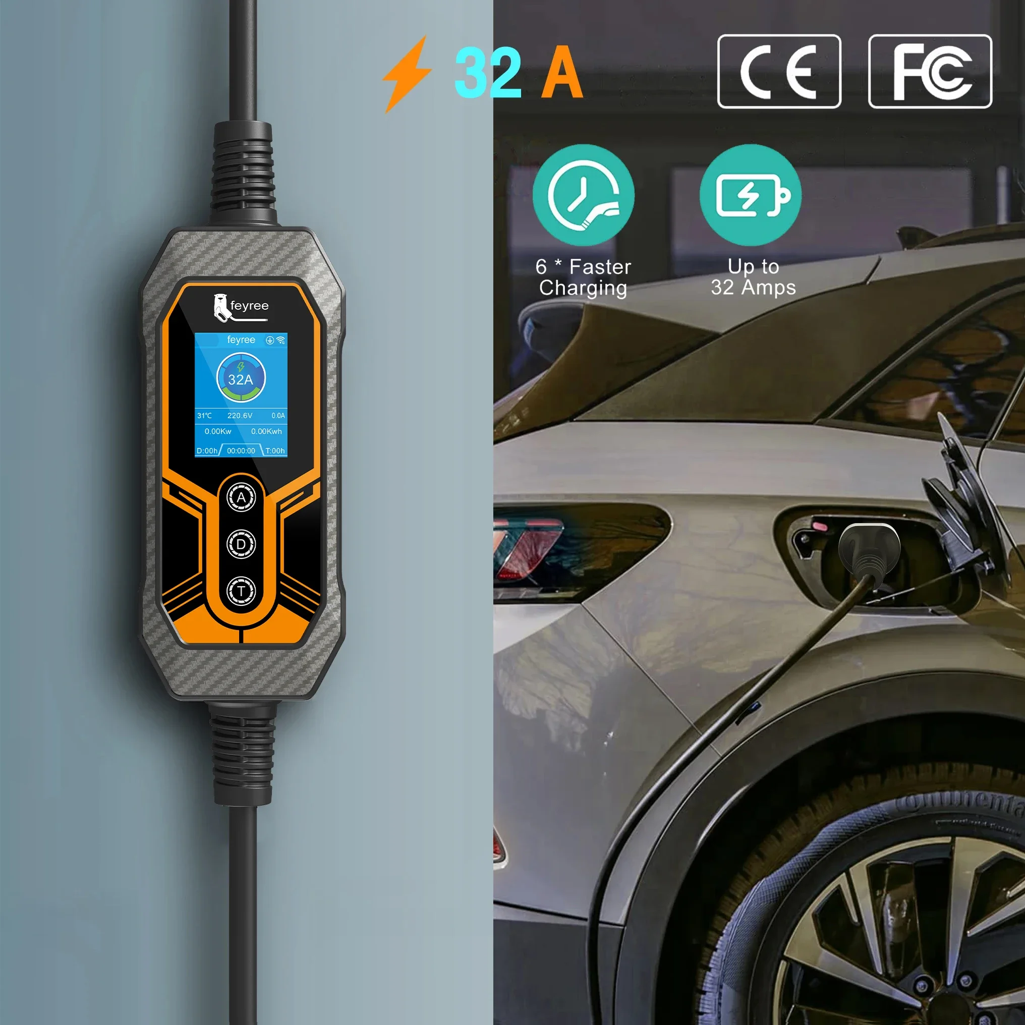 feyree Portable EV Charger Type2 32A 7KW EVSE Wi-Fi APP Control Adjustable Current Smart Timing Charging for Home & Outdoor Use