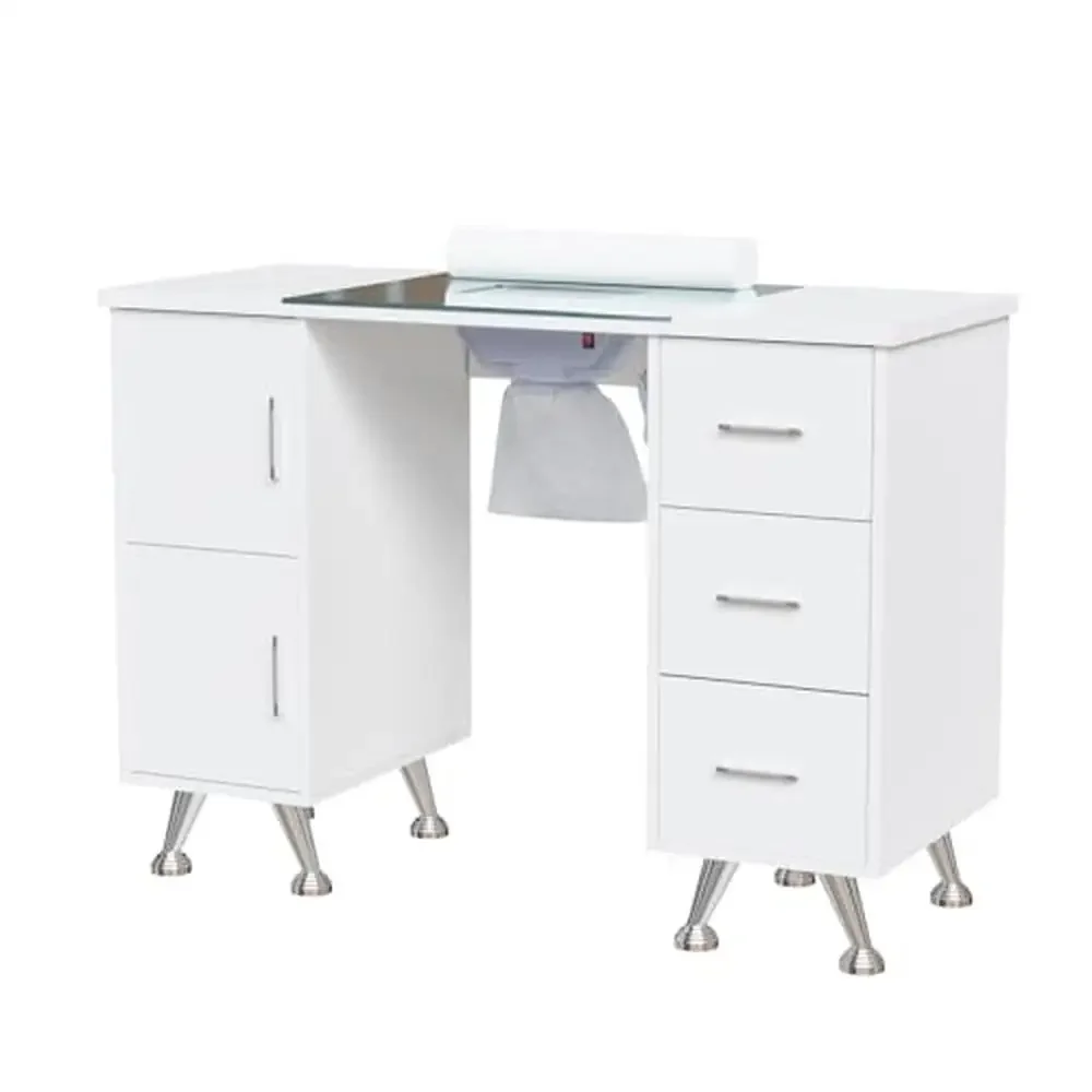 Professional Nail Tech Desk with Dust Collector & Glass Top Salon Beauty Workstation Storage