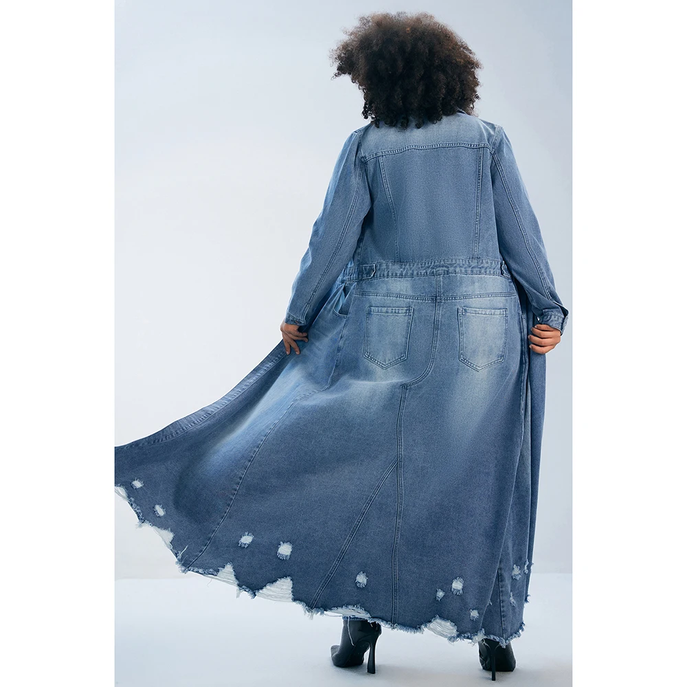 Abrigo largo informal de talla grande para mujer, azul claro, Cuello de camisa, rasgado, ajustado, Denim, Otoño e Invierno