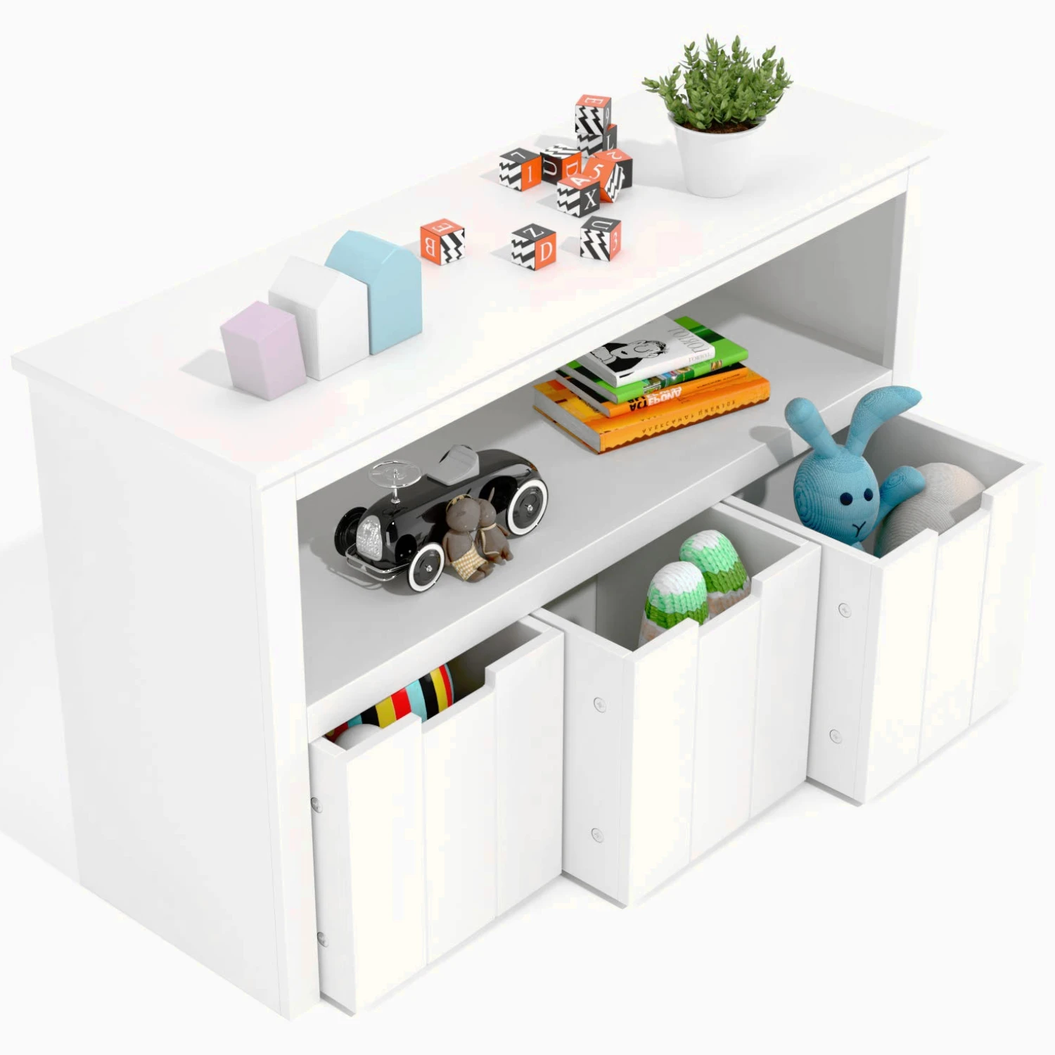 Getone Toy Storage Unit, libreria per bambini, 3 cassetti con ruote, armadietto per giocattoli, bianco 102x33x61,5cm
