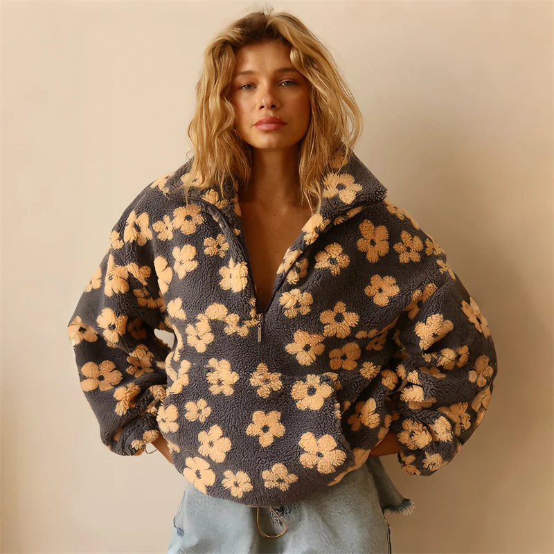 Ticketsx Kapuzenpullover aus Lammwolle mit Blumendruck, Damen, volle Ärmel, Reißverschlusstasche, lockeres Oberteil, Damen-Herbst-Chic, lässiger Urlaubsmantel