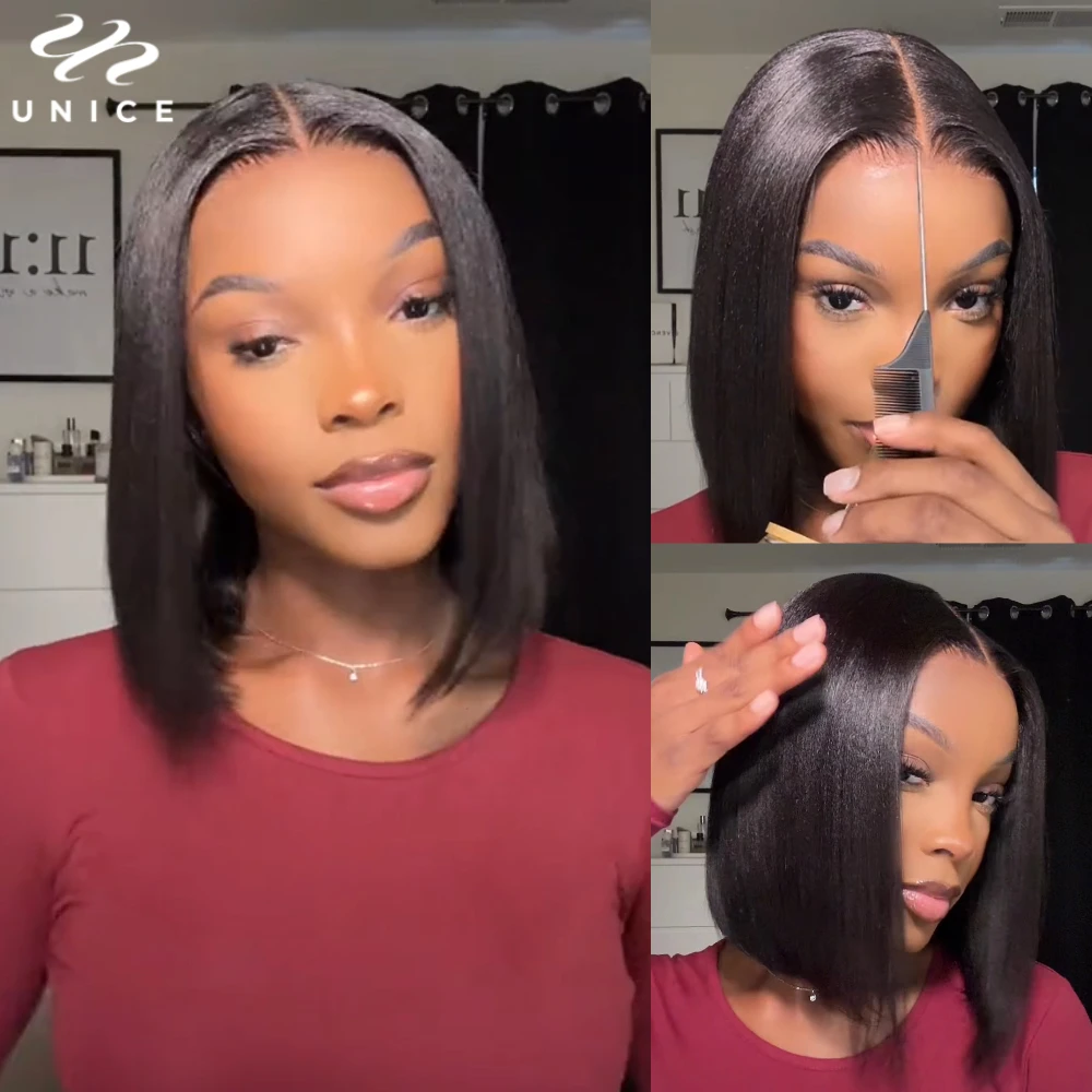 Unice cabelo cordão boné yaki em linha reta bob peruca pré corte pré branqueado 7x5 fechamento do laço perucas sem cola cabelo humano pronto para usar ir
