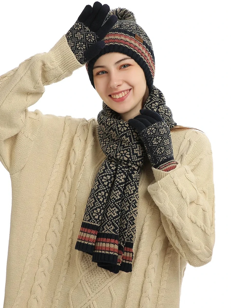 3 uds guantes de bufanda de punto de invierno para mujer conjunto de gorro forrado de lana cómodo suave Casual cálido conjunto de guantes rojos conjunto a prueba de viento al aire libre