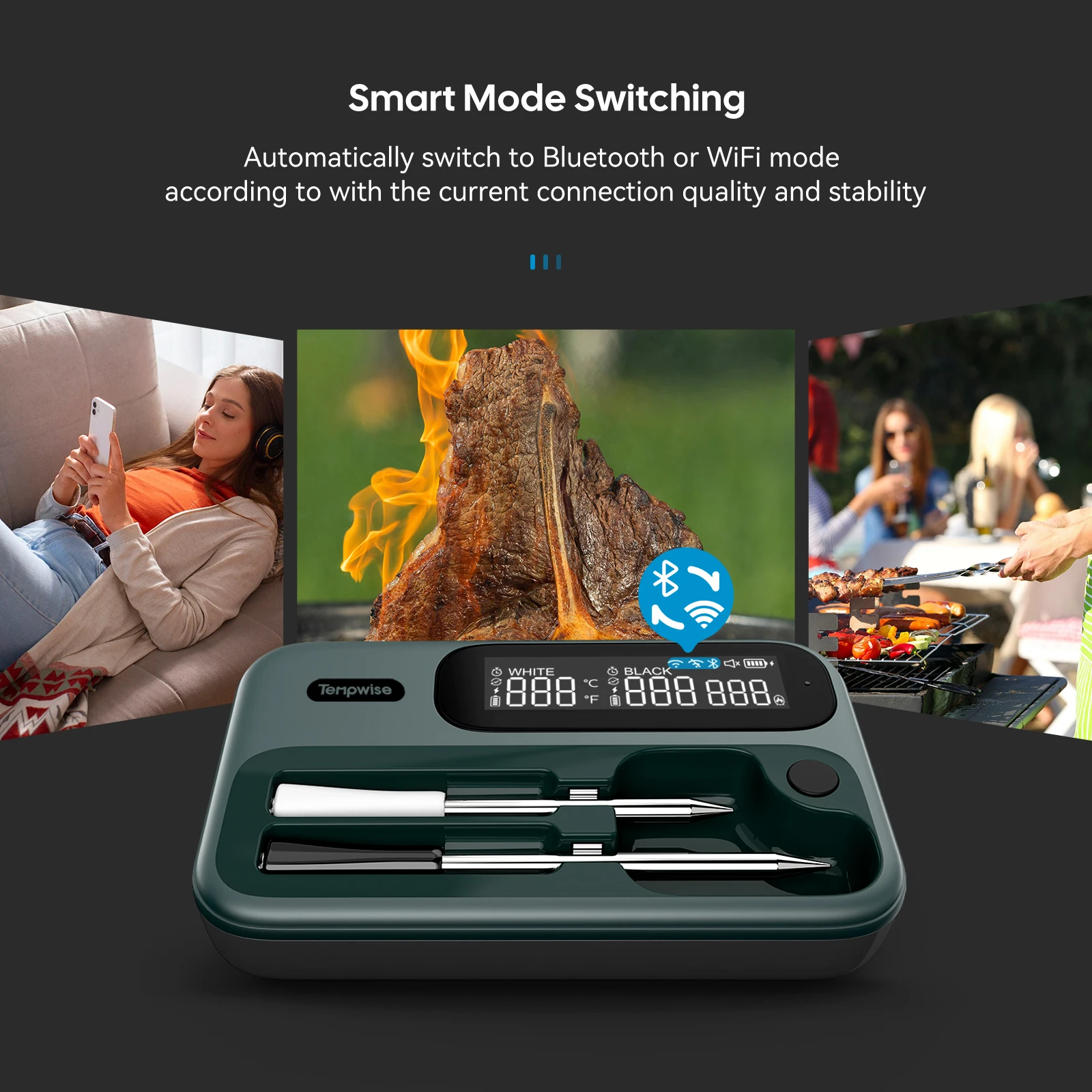 Smart Beef Meat Thermometer Wireless Bluetooth BBQ Thermometer with Long&Short Probes Precision Food Temp Gauge for Cooking