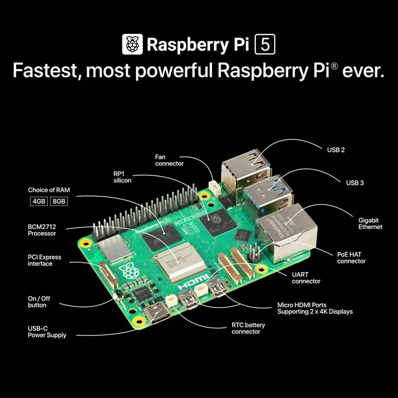 Raspberry Pi 5 Kit 4G 8G RAM BCM2712 Python 5B 4Kp60 PCIe 2,0 RTC caja de Metal opcional 27W fuente de alimentación última placa Dev RPI 5