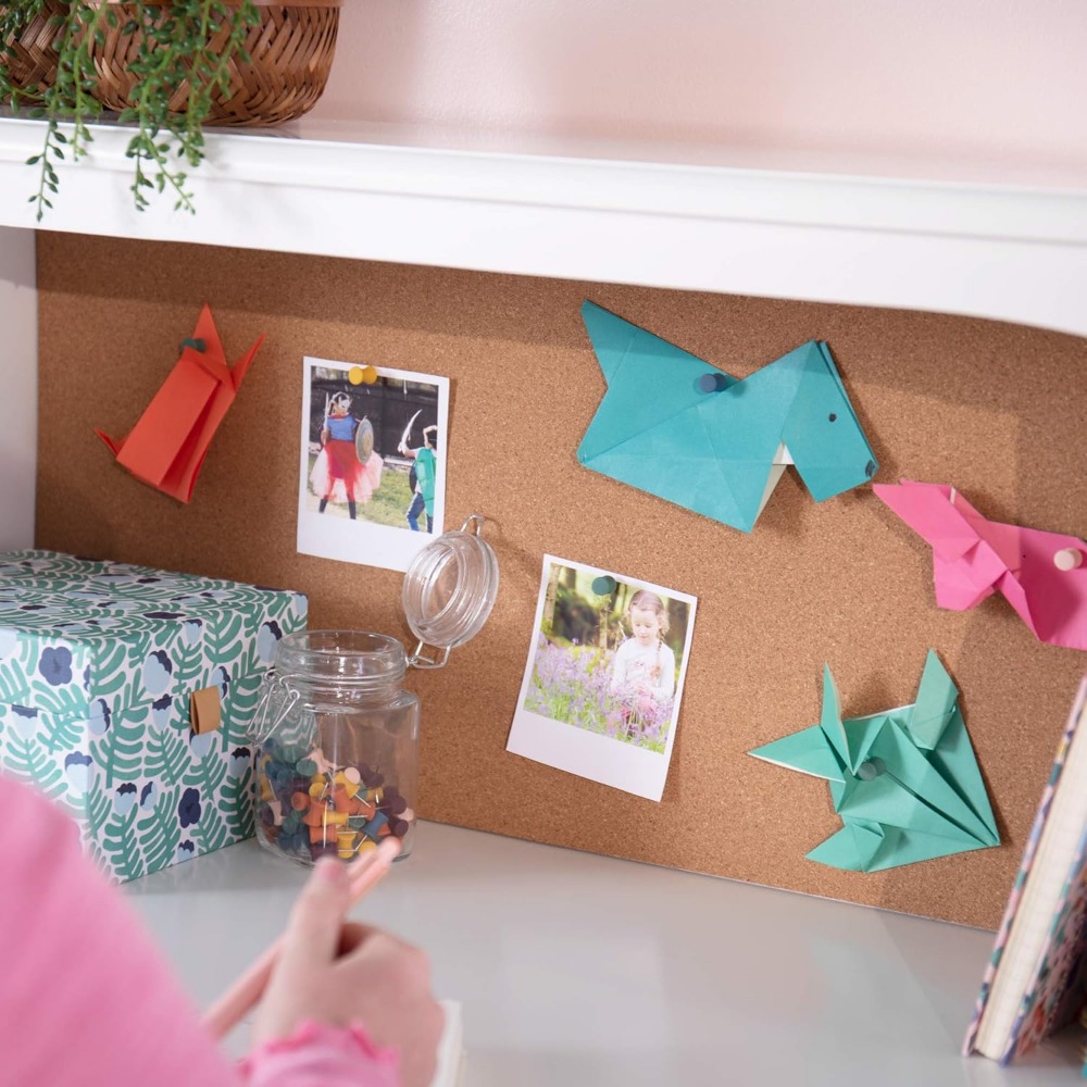 Kids Media Desk and Chair Set - White: Kids Writing Desk with Hutch and Storage Shelves, Computer Workstation with Corkboard