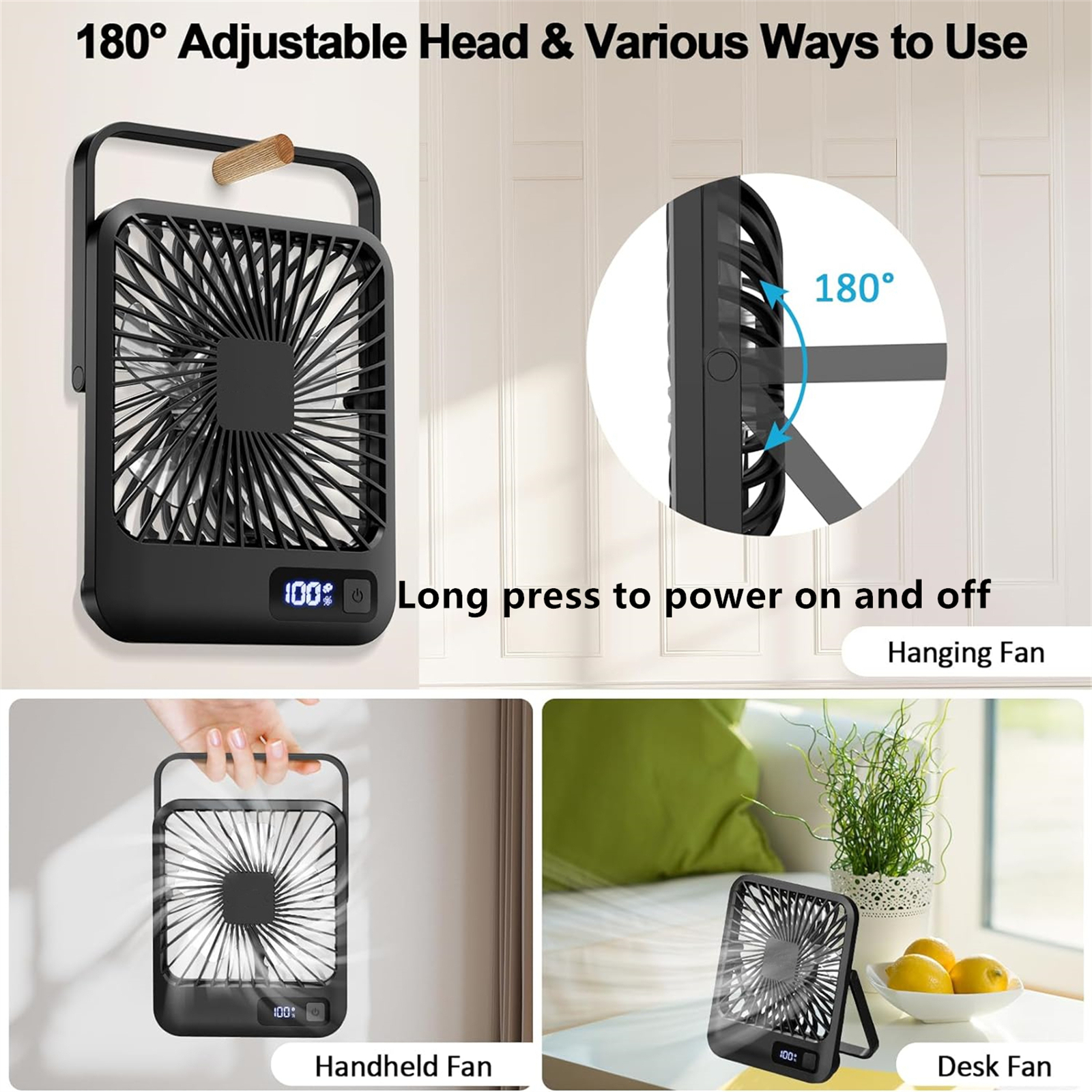 Schreibtischventilator, tragbarer wiederaufladbarer USB-Ventilator, 180° ° Neigbarer, zusammenklappbarer persönlicher Ventilator mit Leistungsanzeige, 5 Geschwindigkeiten, extrem leiser Tischventilator