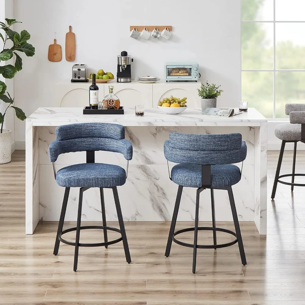 Counter Height Bar Stools with Full Back – Swivel Counter Stools Set of 2 with Linen Padded Back