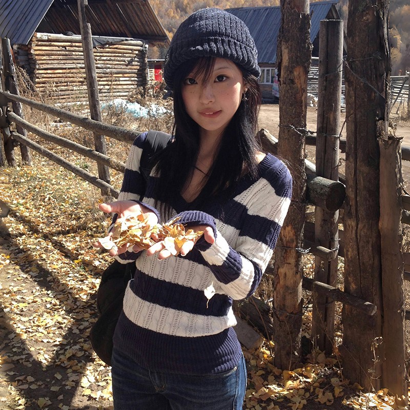 Karrram японский полосатый свитер с v-образным вырезом Y2k, винтажный вязаный тонкий пуловер в стиле Харадзюку, зимний трикотаж в корейском стиле, эстетика 2000-х годов