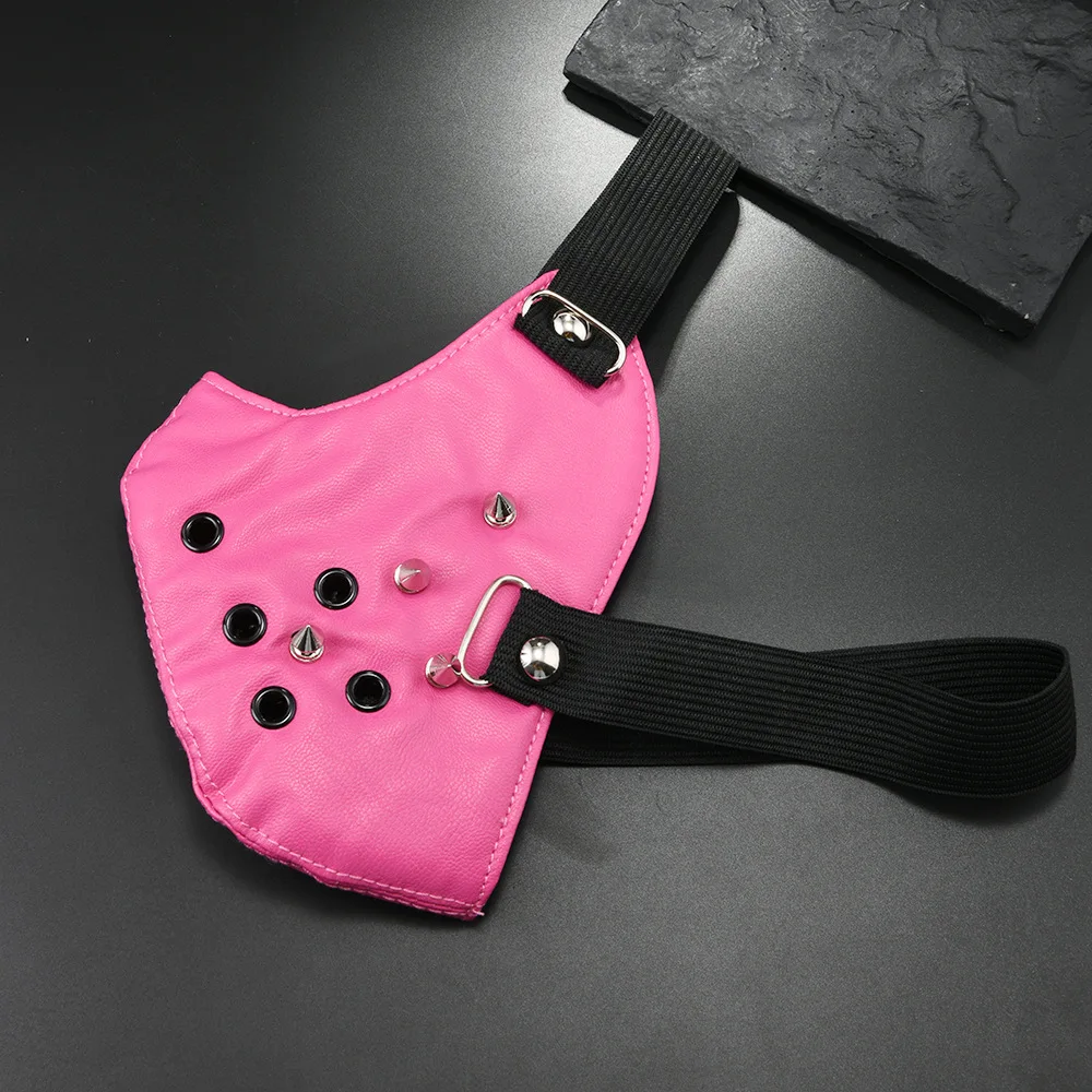 ผู้ชายผู้หญิงสีชมพู PU หนัง Rivet Rock Mask Lady's Breathable Party คอสเพลย์ฮาโลวีนปาก-muffle R1546