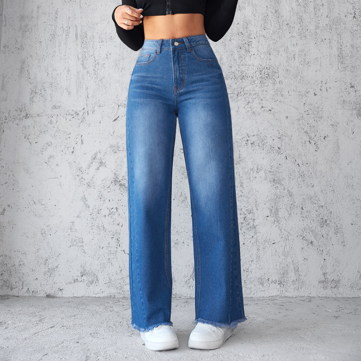Gewaschene Distressed Denim gerade Hose Vintage Damen Jean Taschen hohe Taille lockere Passform knöchellange Hose mit weitem Bein Basics