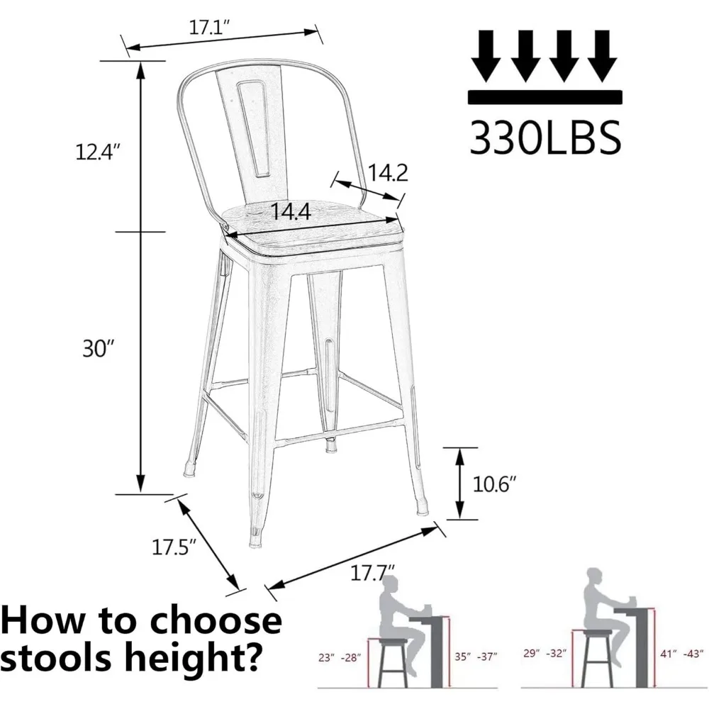 30" Swivel Metal Bar Stools Set of 4 High Back Counter Height Barstools Industrial Dining Bar Chairs with Large Wooden Seat-Mat