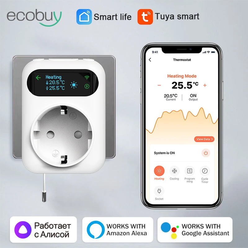 Termostato de enchufe WiFi, enchufe de salida inteligente Tuya, controlador de enchufe Wifi inteligente, controlador de temperatura, calefacción con Alexa y Google Home