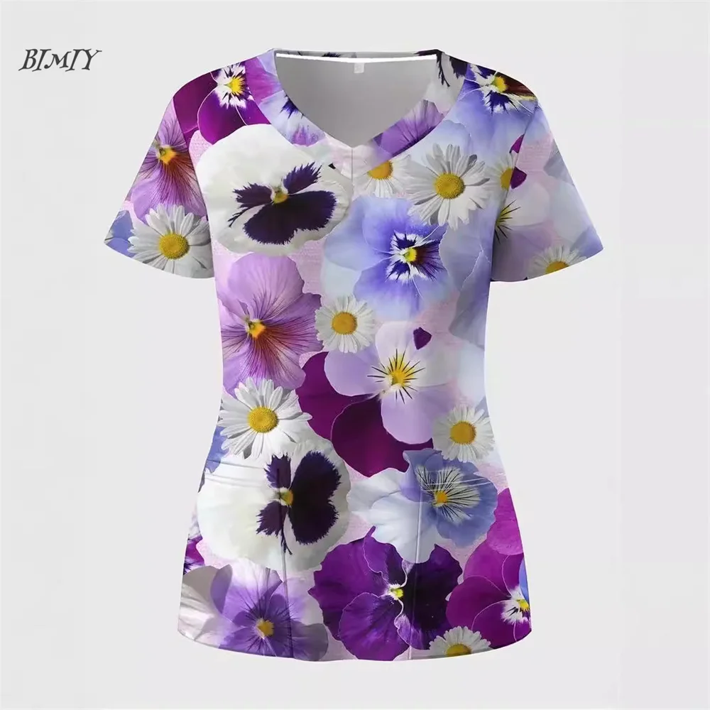 Mulheres trabalho flores camiseta estiramento esfrega uniforme de enfermagem blusa com decote em v manga curta médico esfrega topos com bolsos atacado