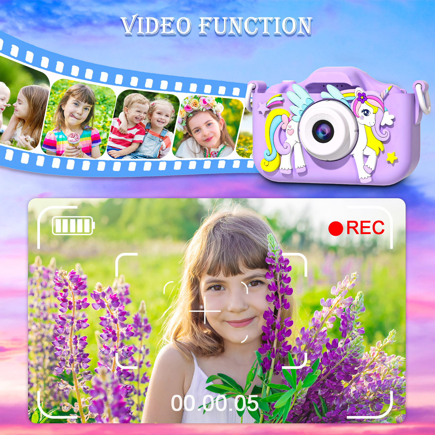 Cartoon Unicorn Mini Camera for Kids, Presentes de aniversário, Brinquedos para meninas e meninos, 1080P HD, 2 "Screen, 32 GB SD Card, Record Life Camera