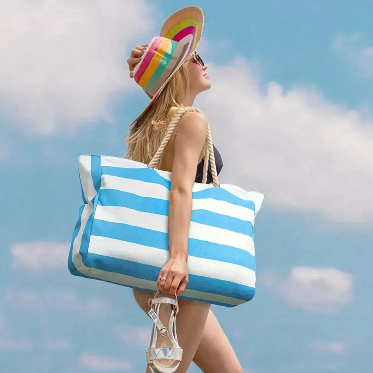 Letnia torba plażowa z płótna w paski, torba na zakupy o dużej pojemności, modna torba z grubej bawełny do podróży, idealna na plażę, podróże i kemping