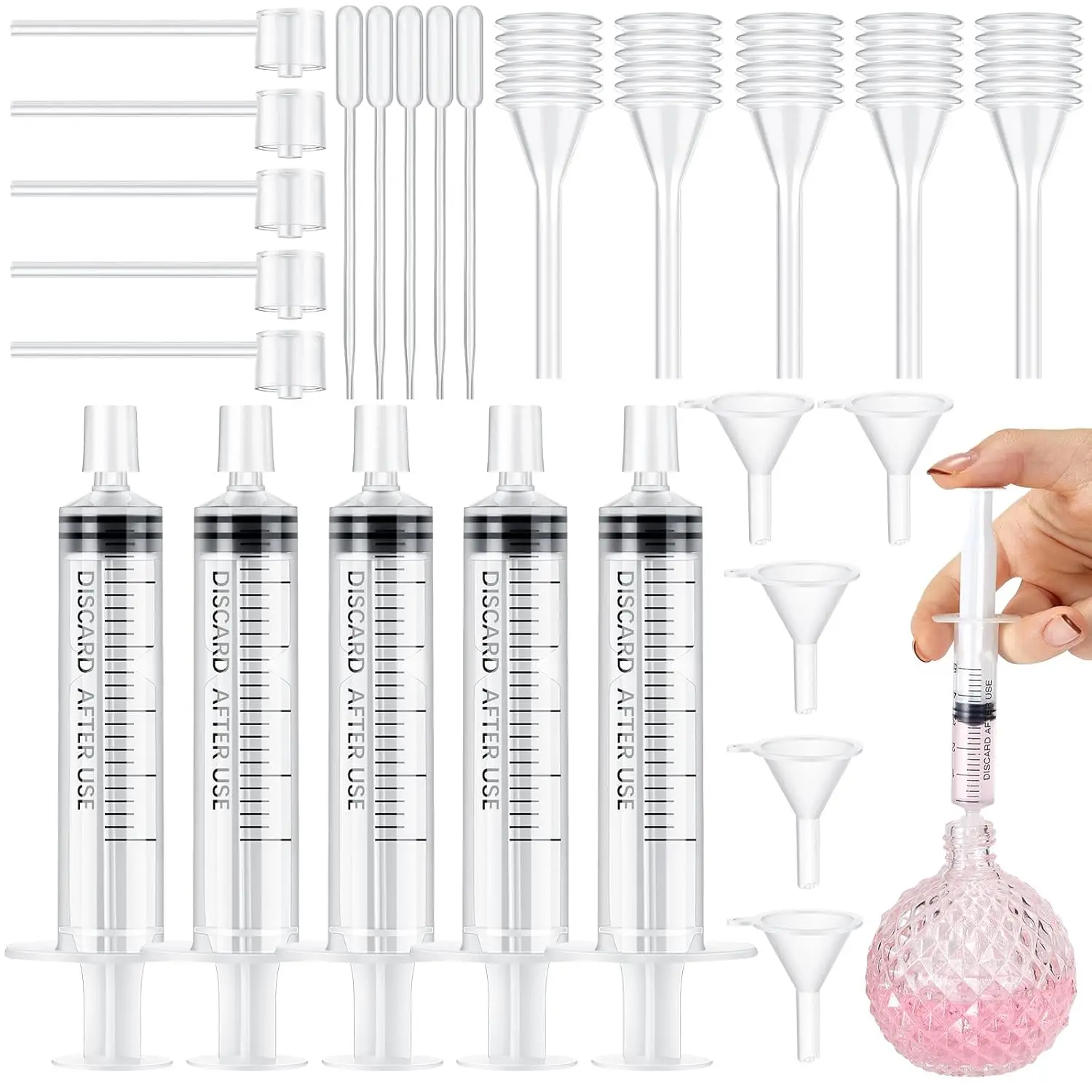25/50PCS  perfume refill pump tool transfer kits including funnel, dispensing pump, syringe, dropper and squeeze dropper