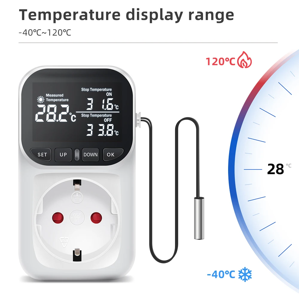 Digitaler Temperaturregler, Steckdose, Thermostat, EU-Stecker, 220 V, LCD-Display, voreingestellter Zeitschalter, Kühlung, Heizung, Temperatursensor