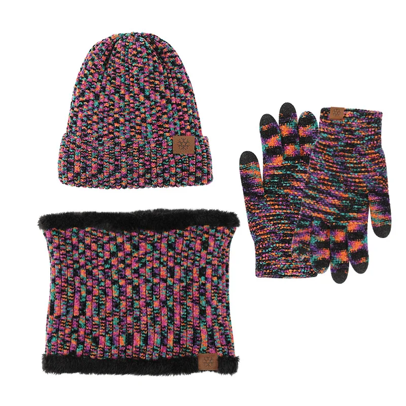 Winter Atmospheric Simple Men's and Women's Multi-color Knitted Hats, Scarves, Gloves, Three Piece Set, Warm and Windproof