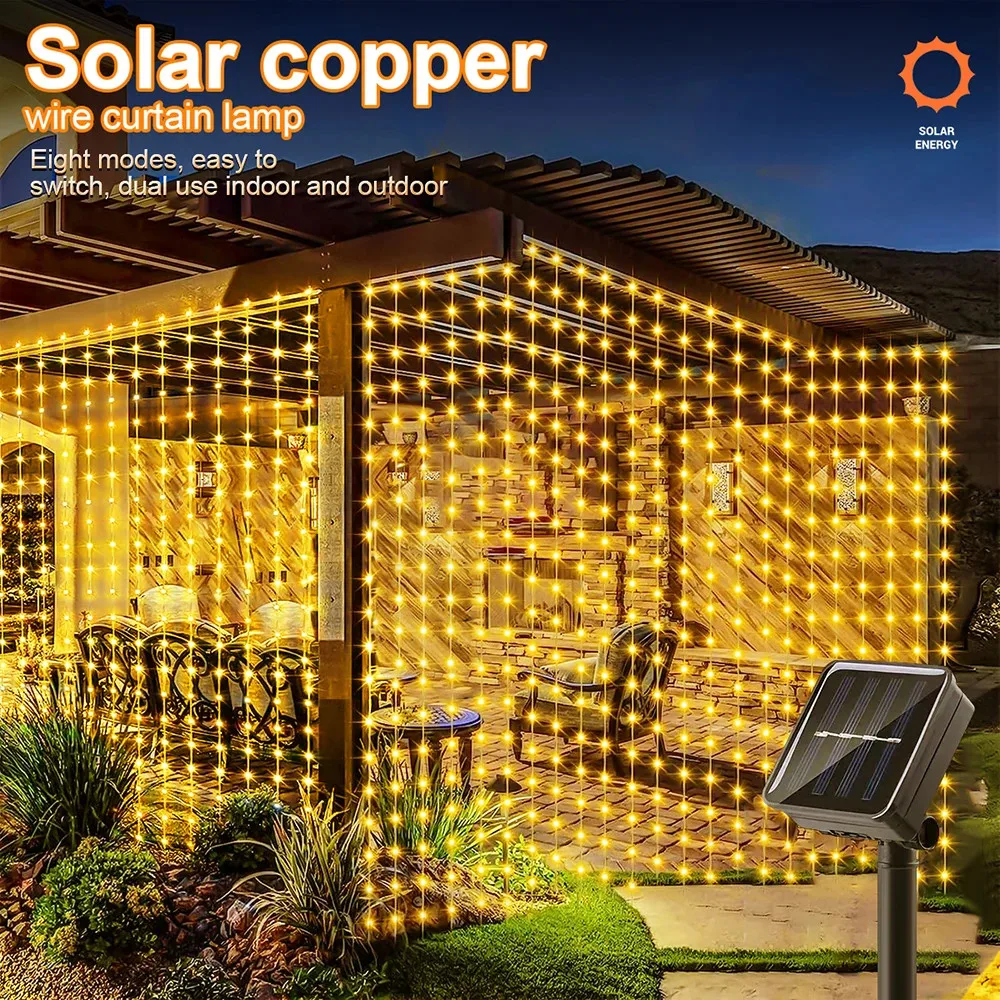 Cortina de luz LED Solar, guirnalda para exteriores, guirnalda de luces alimentada por energía Solar, lámparas de alambre de cobre para jardín, patio, boda, fiesta, decoración navideña