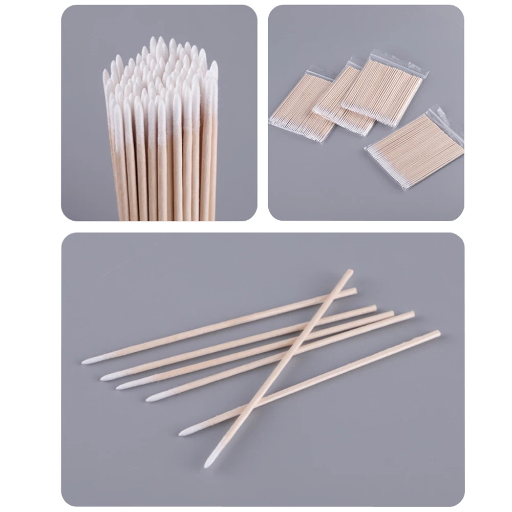 ผ้าฝ้าย Swabs ไม้ 300 ชิ้นทําความสะอาดไม้ Handle Pointed Tip หัวผ้าฝ้ายกึ่งถาวร Eyebrow Eyelash Tattoo ด้ายความงาม