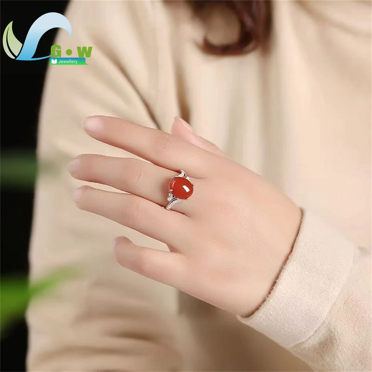 Anel de jade ágata vermelha para mulheres, ajustável, estilo simples, abertura, prata esterlina, joias finas, presente para mamãe, fêmea