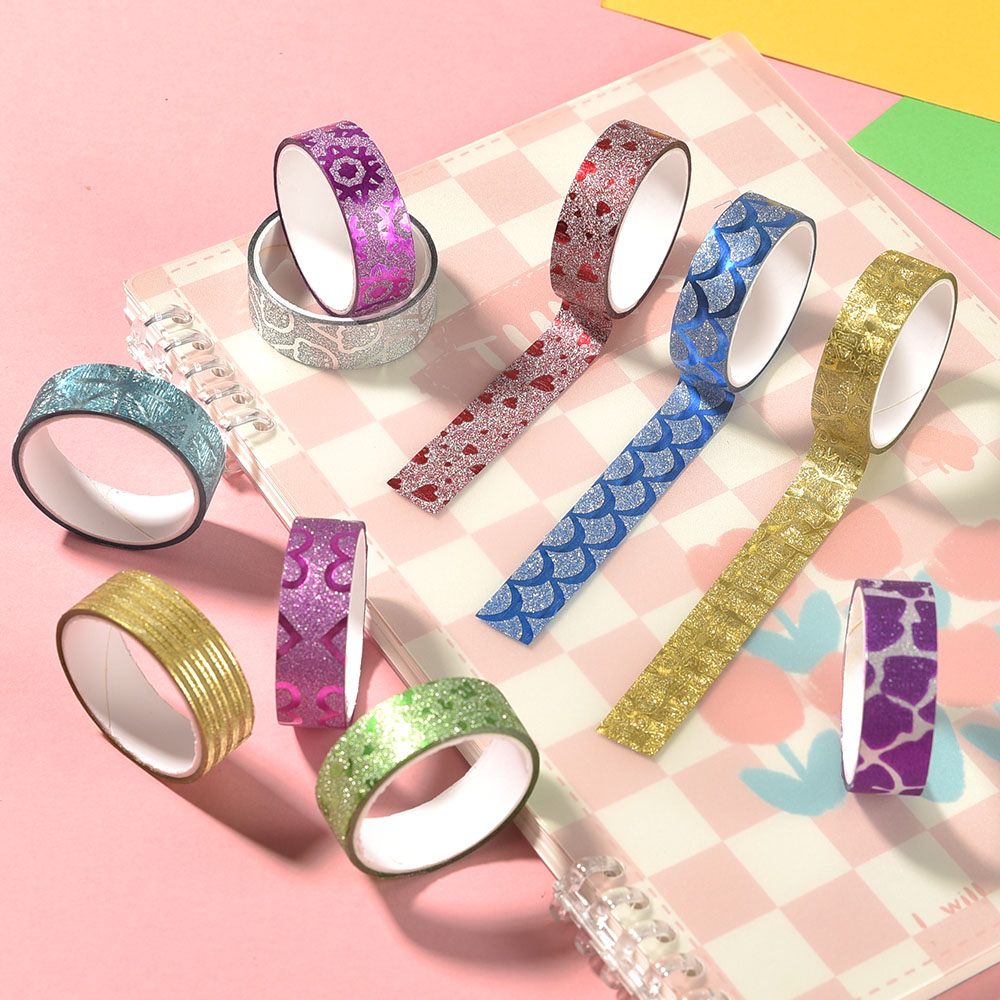 10 롤 무작위 컬러 반짝이 스티커 종이 접착 테이프 DIY 장식 라벨 공예 스티커 사무실 학교 선물 포장