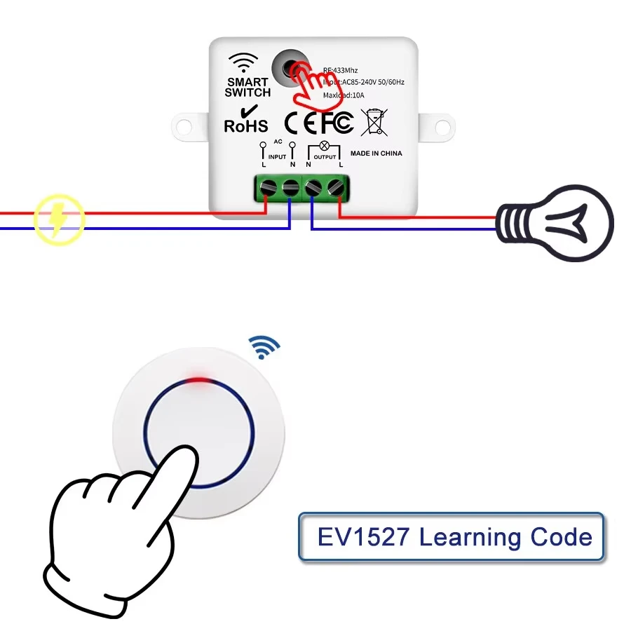 220v 110v 10a receptor de relé mini botão redondo interruptor de painel de parede rf 433mhz interruptor de luz de controle remoto sem fio para lâmpada led