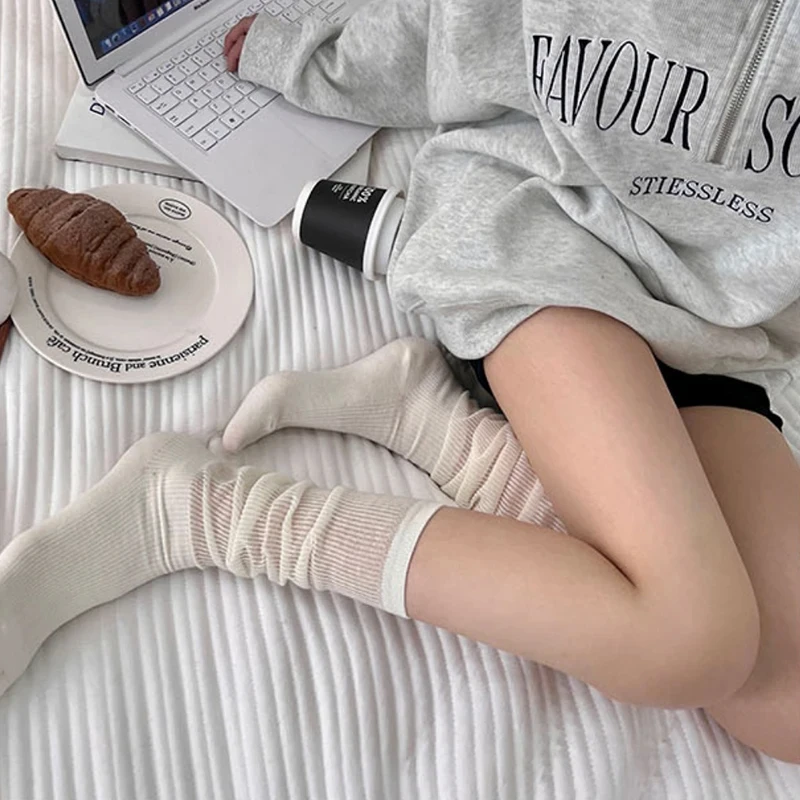1/2 pares de calcetines finos de longitud media Lolita para mujer, calcetines hasta la rodilla cómodos y transpirables, calcetines verticales simples lisos suaves informales de encaje