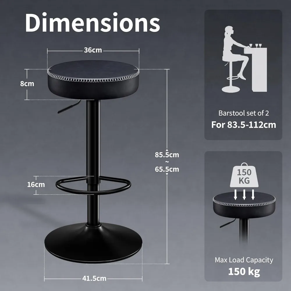 Swivel Bar Stools Set of 2 Black Microfiber Leather Counter Height Bar Stools with Round Seat Adjustable Backless Barstools