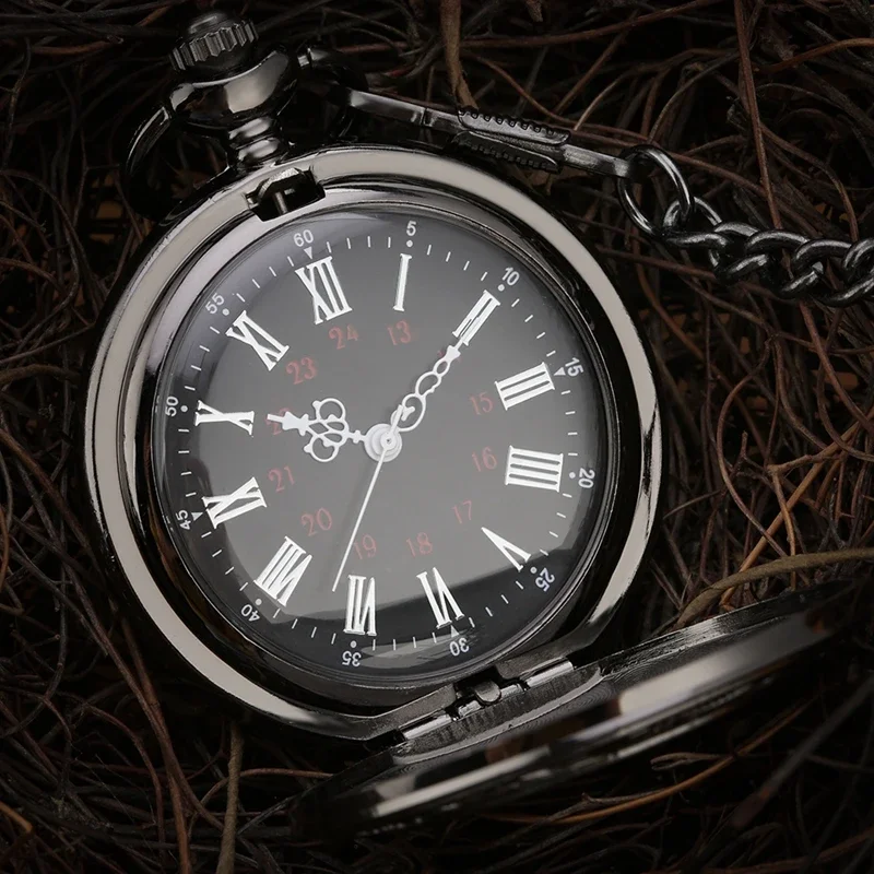 นาฬิกาพ็อกเก็ตวินเทจโบราณโรมันควอตซ์ Steampunk นาฬิกาพ็อกเก็ตสีดํา Hollow Out จี้นาฬิกาสร้อยคอสร้อยคอผู้ชายของขวัญ