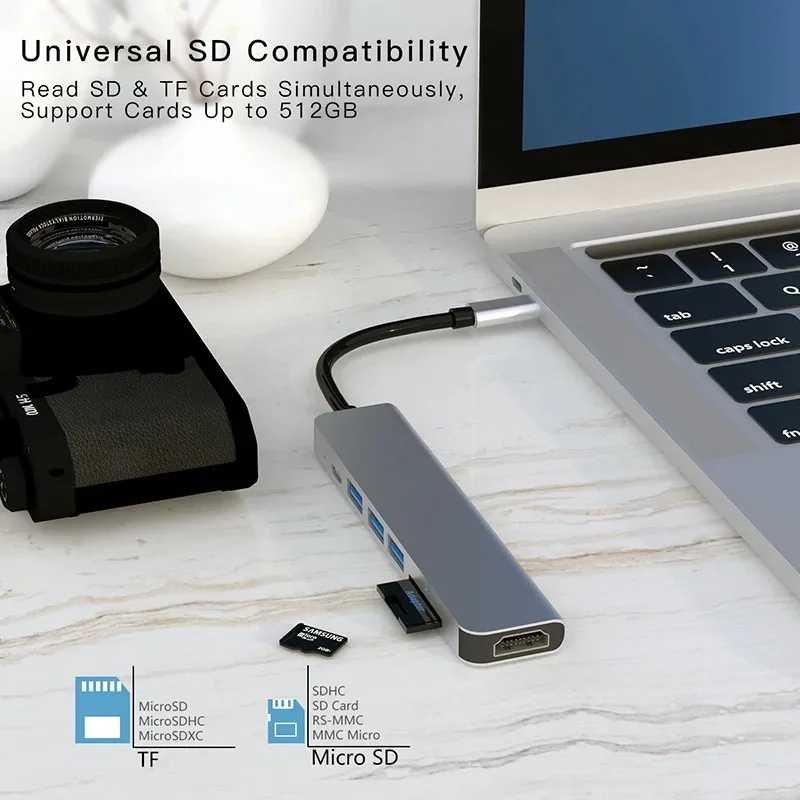 7 in 1 USB C HUB USB 3.0 HDMI 4K 60Hz Video USB2.0 SD TF Card Slot Reader Multi-Ports PD Charging for PC/Laptops/MacBook Pro