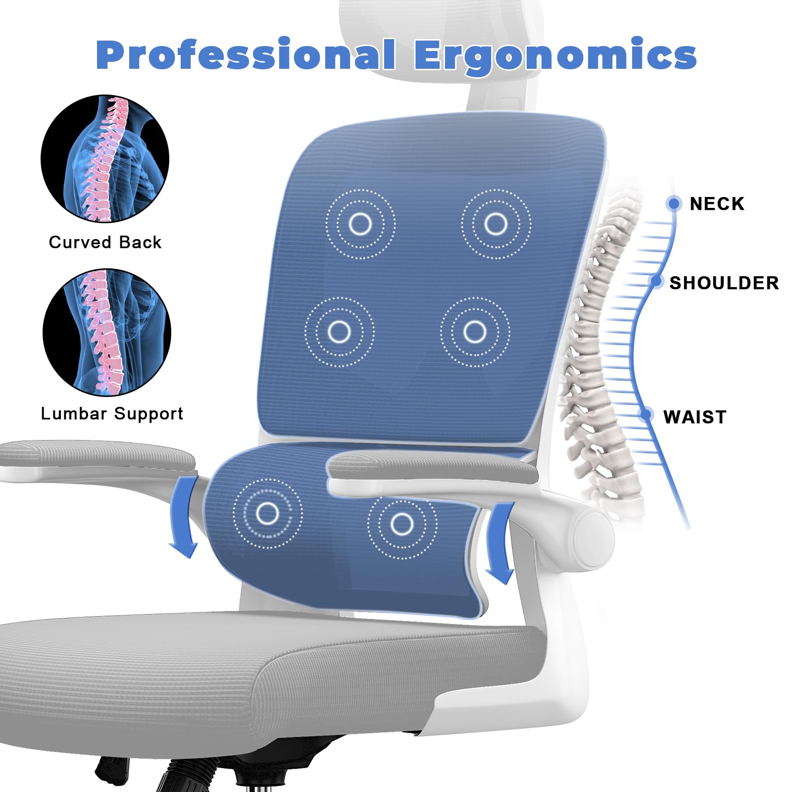 Ergonomic Office Chair with Adaptive Lumbar Support/3D Headrest/Flip-up Armrests, Computer Mesh Chair Swivel Home Office Chair