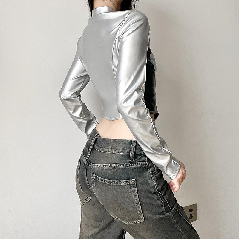 WEEKEEP Street Sle Motorcycle Windbreaker Women's Leather Jacket Zipper Open Cardigan Asymmetrical Hem Color Block Dance Cool