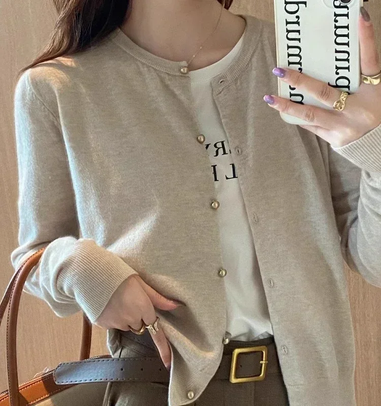 Einfarbig Gestrickte für Frauen Strickjacke Koreanische Einreiher Langarm Jumper Frau Rundhals Alle Spiel Strickjacken Outwear