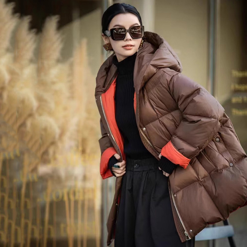 Schinteon Damen-Daunenjacke, lässig, locker, Übergröße, warm, Herbst-Winter, Oberbekleidung, weiße Entendaunen mit Kapuze, modischer Mantel, 2024, Neu