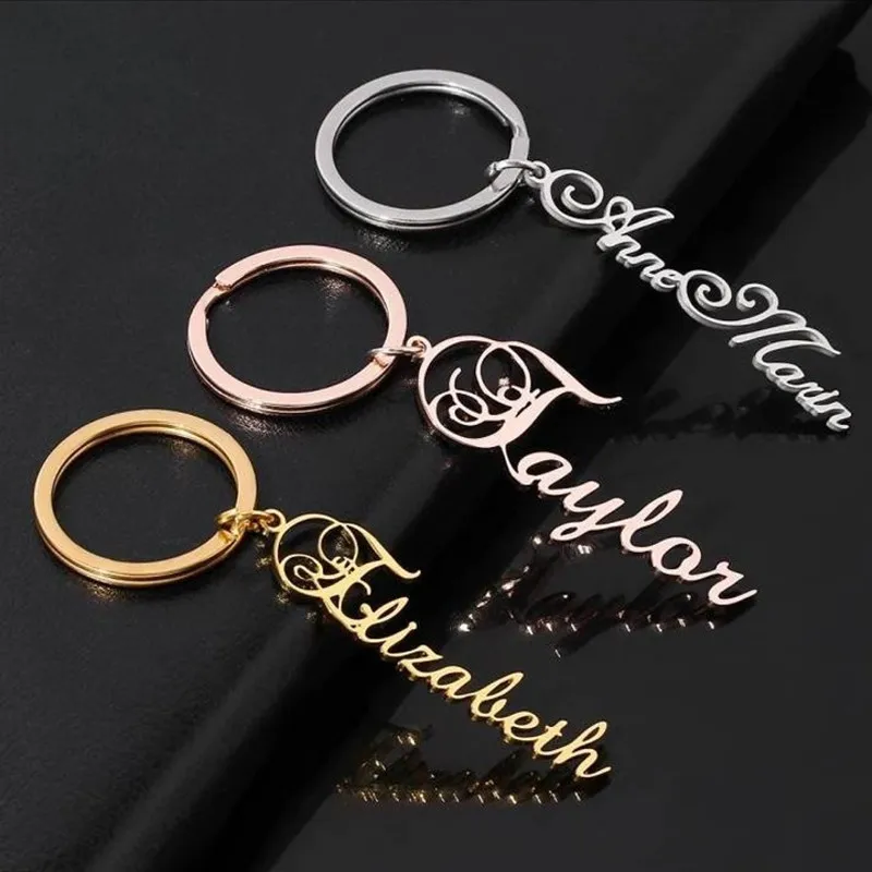 CUSTOM ชื่อแท็กพวงกุญแจส่วนบุคคลตัวอักษรสแตนเลส Key CHAIN แหวนสําหรับผู้หญิงผู้ชายวันพ่อวันแม่
