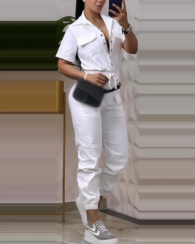 ใหม่แฟชั่นผู้หญิงทํางาน Jumpsuit แขนสั้นออกแบบเปิดลงปกเอวยางยืด Drawstring Cuffed Cargo Jumpsuit