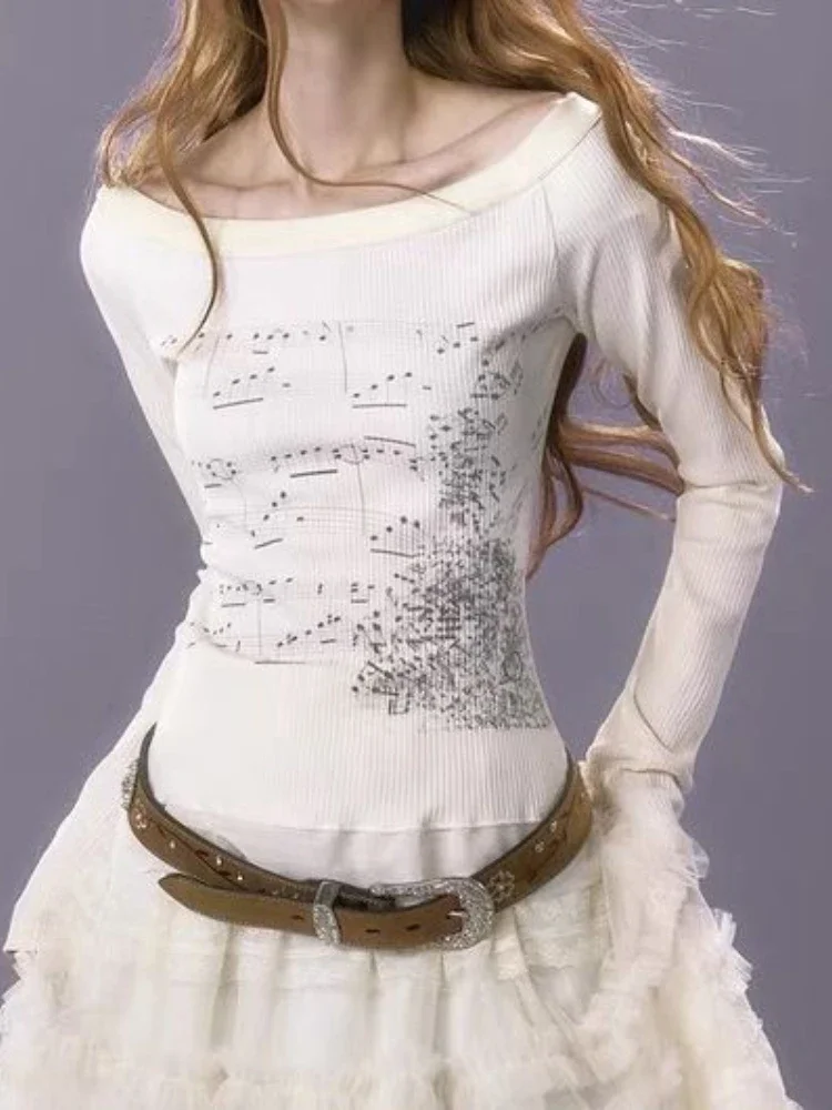 Camisetas estéticas Y2k para mujer, camisetas ajustadas de algodón coreano que combinan con todo, camiseta con parche de encaje con estampado Grunge, Tops cortos de manga larga 2025
