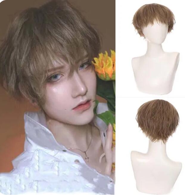 Peruca sintética curta encaracolada com arranca para homens, cabelo falso marrom, fantasia de cosplay masculina, peruca de Halloween, anime, menino