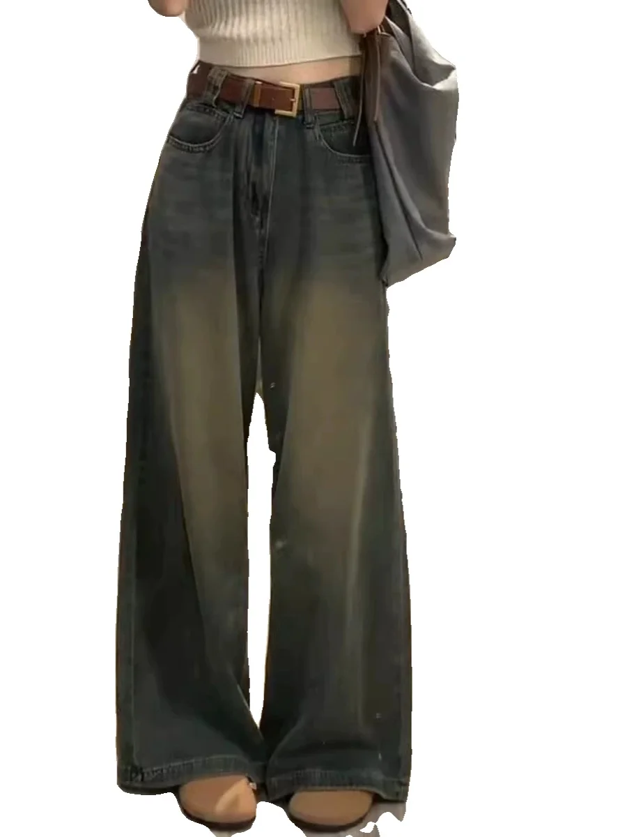 Calças Jeans Fenas Plus Size Estilo Americano, Perna Larga, Vintage, Caimento Solto, Efeito Emaecedor, Cintura Alta, Re...