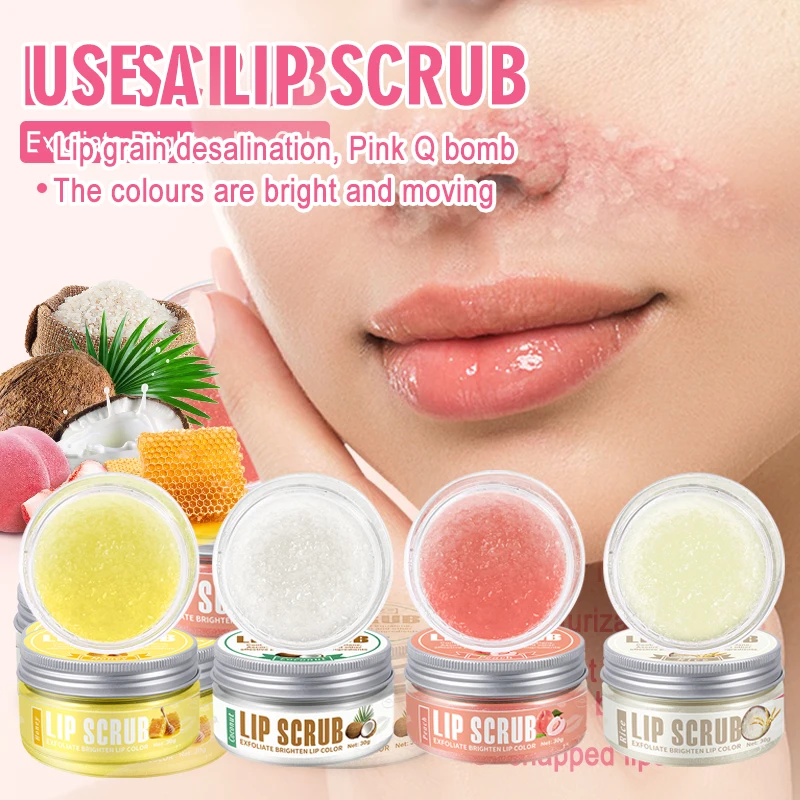 Esfoliante labial 30g pêssego mel arroz coco iluminando cor labial esfoliante lábios hidratantes