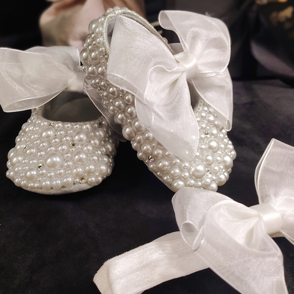 Dollbling Sparkle Pearly Baby Schuhe und Stirnband Neugeborenen Schnuller Geschenk Set Elfenbein Perle Designer Marke 0-1Y Mädchen Krippe Ballett Schuhe