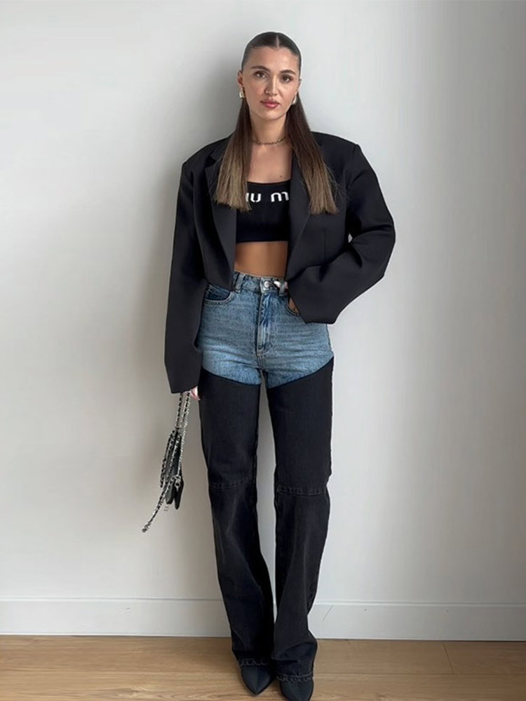 パネルパッチワークストレートデニムパンツ女性スリムフィットハイウエストジーンズ女性春夏ファッションデザイナー Y2K ズボン 