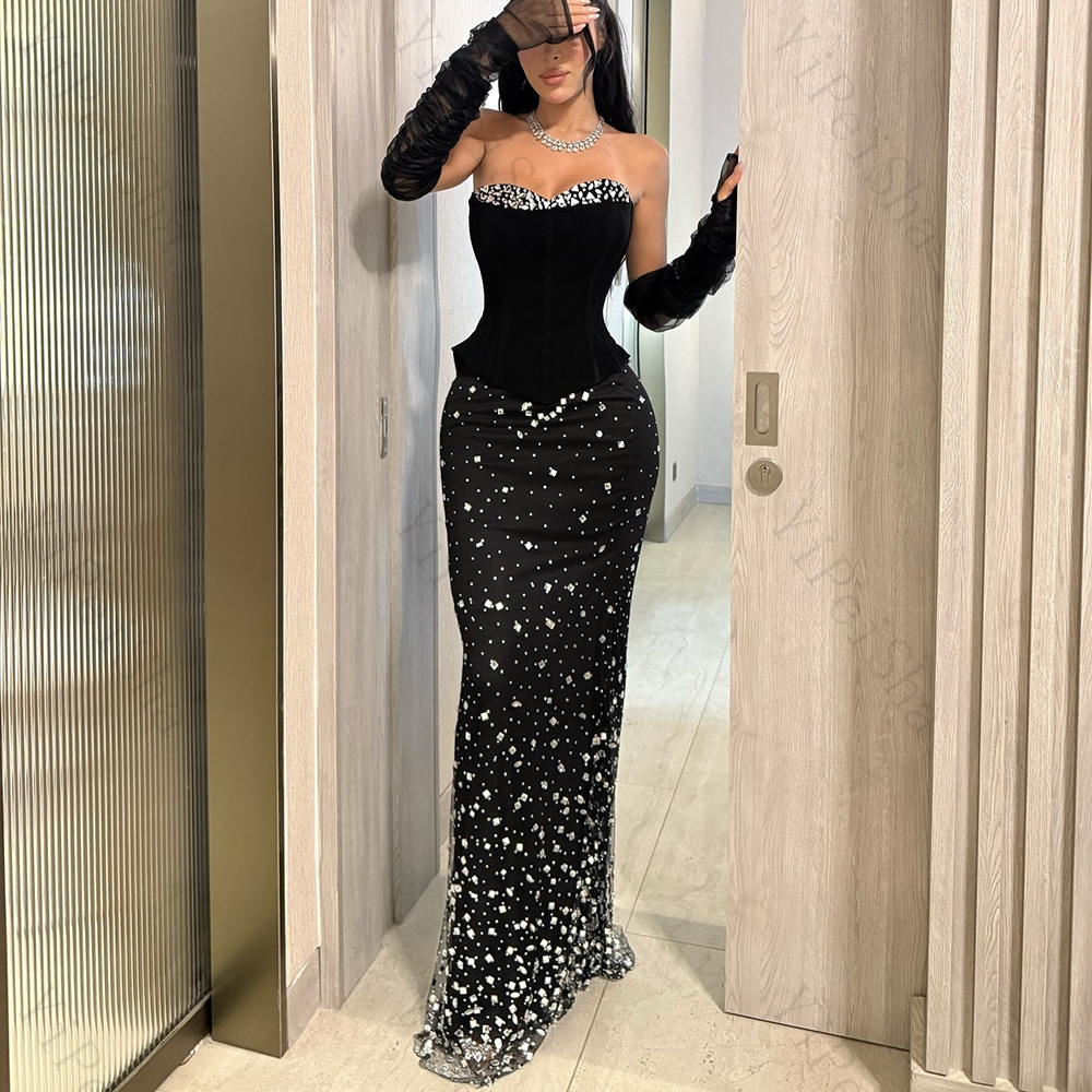 Personalizado a linha vestidos de noite até o chão sem alças três quartos manga vestido de baile fsahion cristal sem costas vestido de festa